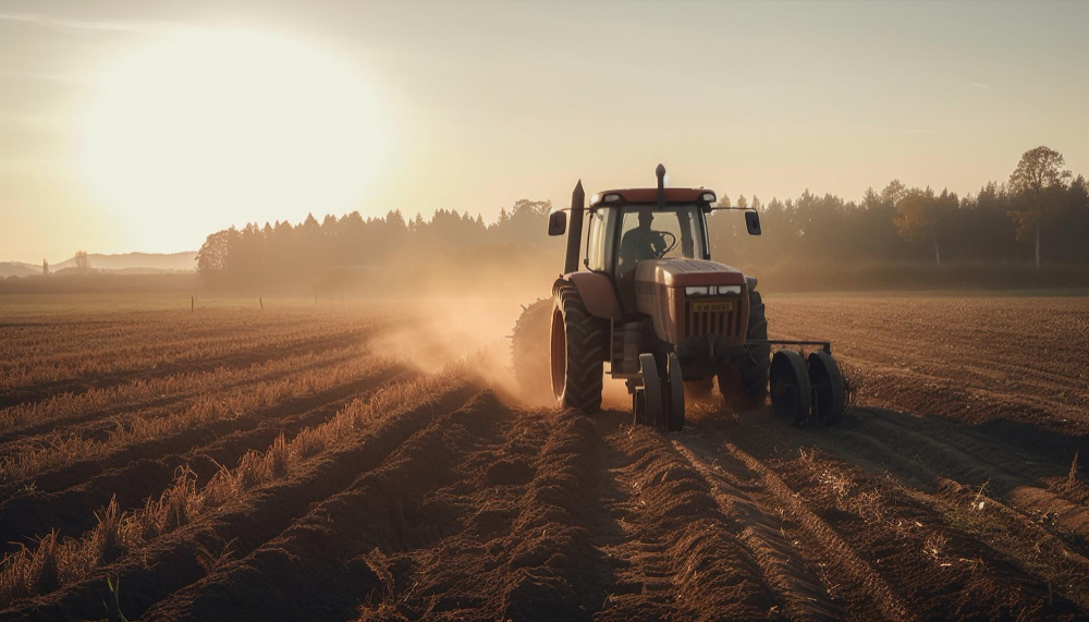 farmer working outdoors harvesting wheat sunset generated by ai