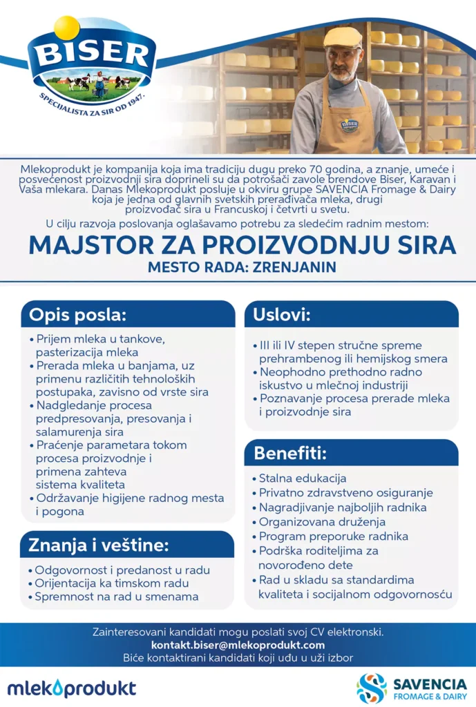 oglas za posao majstor za proizvodnju sira plakat 67e15fe9db14c